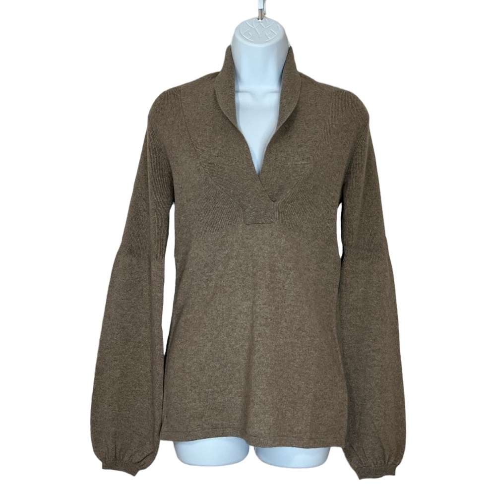 Repeat Cashmere V-Neck Puff Sleeve Cashmere Neutral Beige Brown Sweater